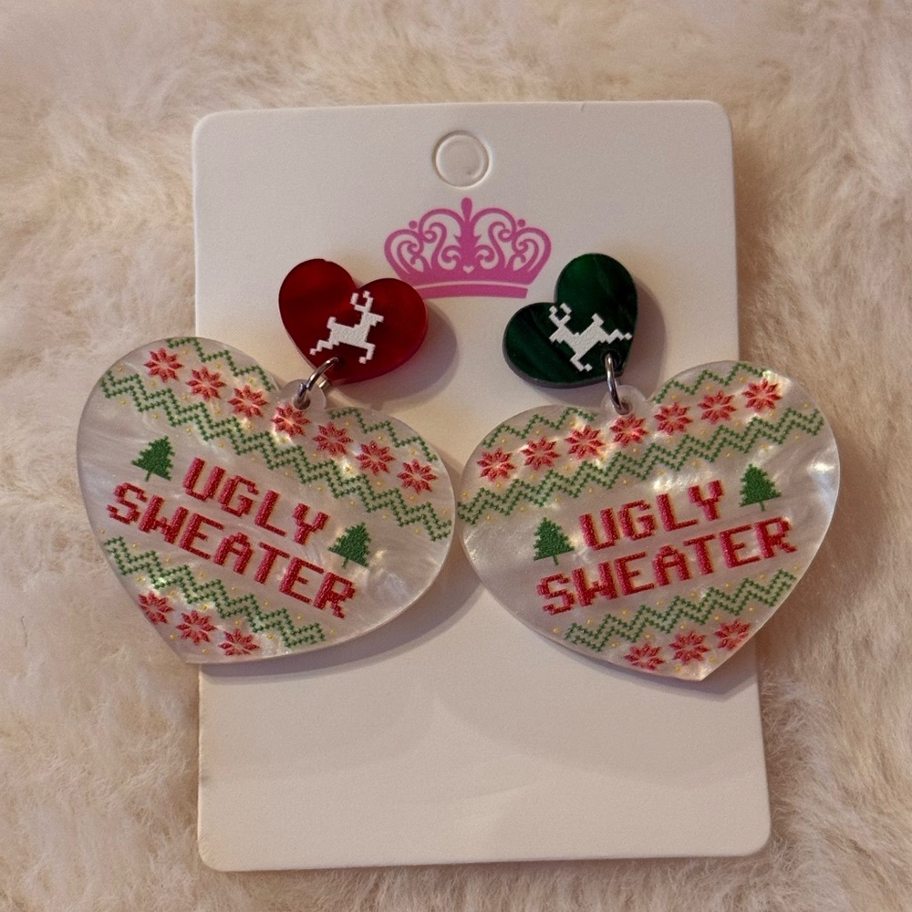 Festive Ugly Sweater Heart Earrings - Picture 1 of 3